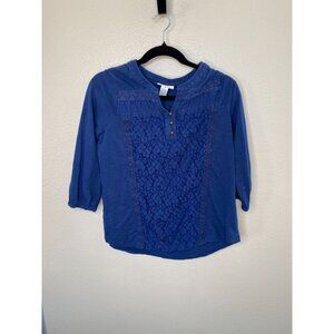 Style & Co Petite Womens Blue Crochet Lace Top 3/4 Sleeves Size PL cotton v-neck